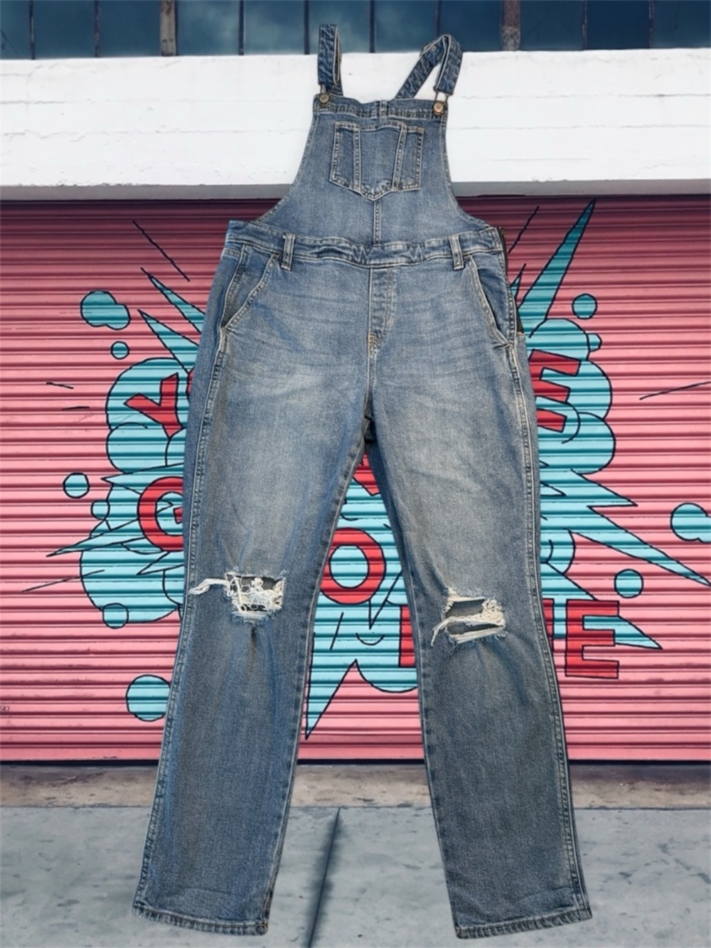 Old Navy Light Blue Distressed Denim Overalls sz 12 zipper side